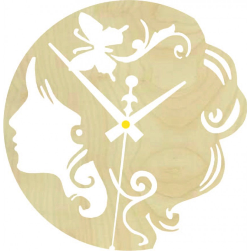 Ceas din lemn - doamnă cu fluture în păr negru...