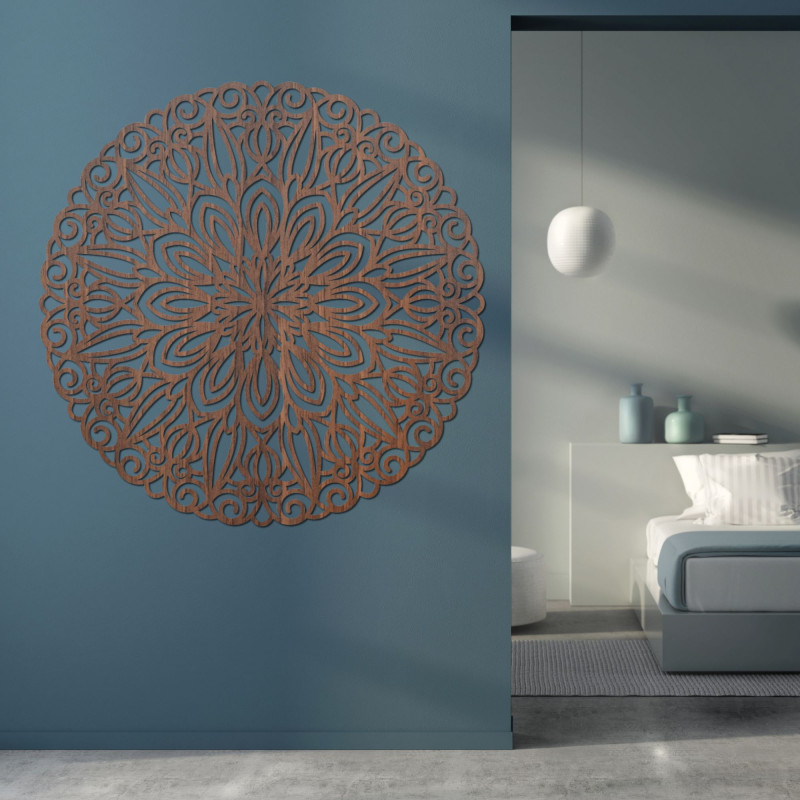 Mandala sculptată în lemn pe perete, floarea...