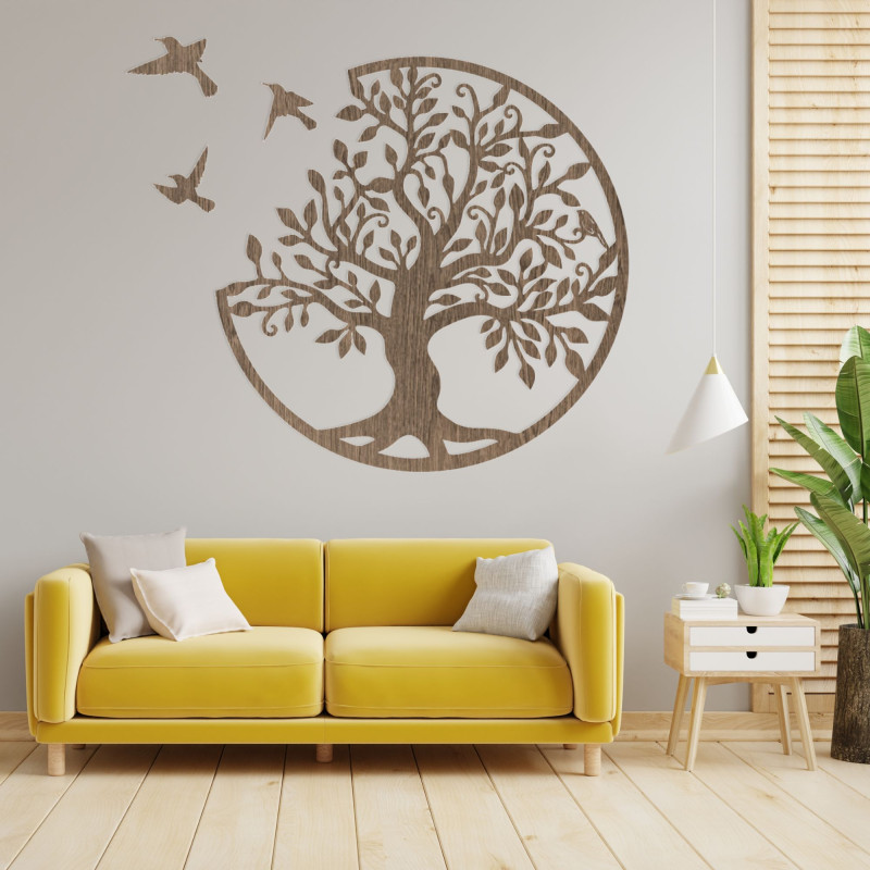 Copac imagine din lemn cu păsări | Decor de perete