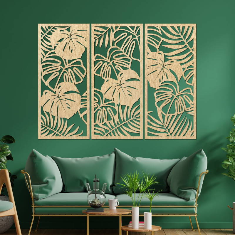 Tablou de perete din trei părți cu frunze de monstera - TROPICI