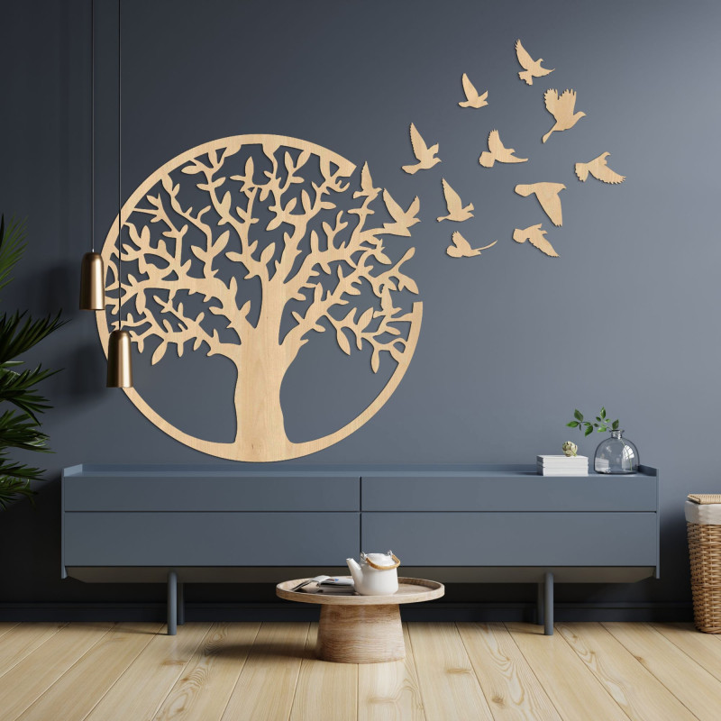Decor de perete din lemn - copac de viață păsări zburătoare