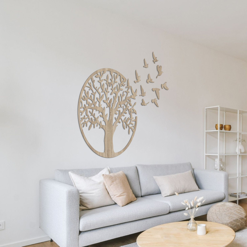 Decor de perete din lemn - copac de viață păsări zburătoare