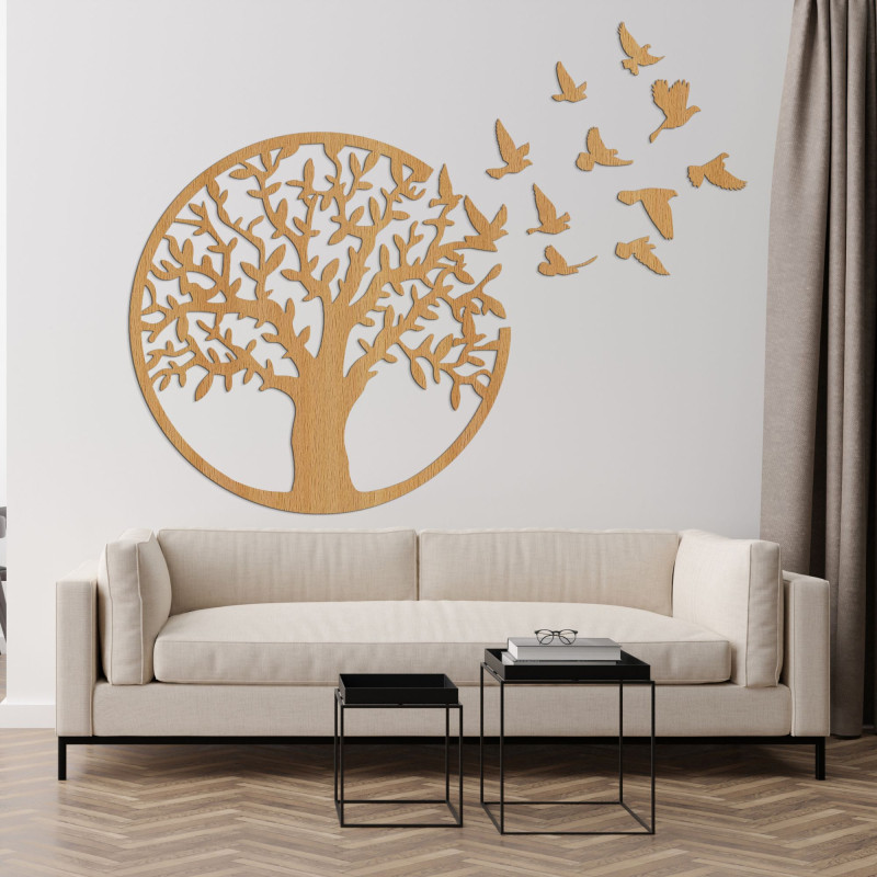 Decor de perete din lemn - copac de viață păsări zburătoare