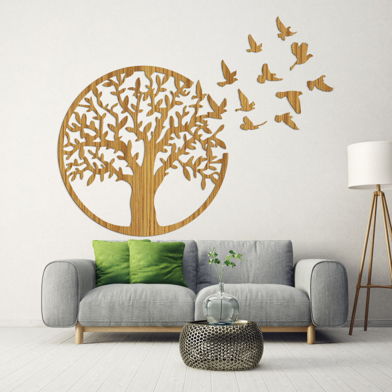 Decor de perete din lemn - copac de viață păsări zburătoare