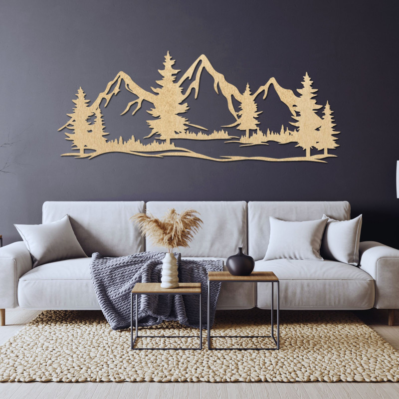 Decor de perete din lemn cu munți masivi și pădure - MAGNA