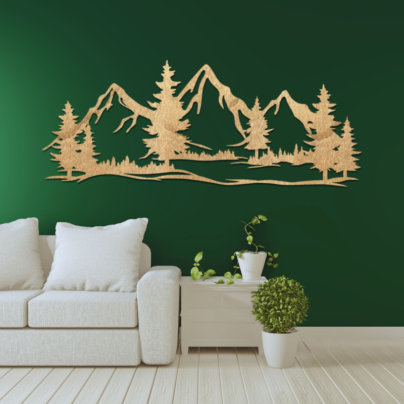 Decor de perete din lemn cu munți masivi și pădure - MAGNA