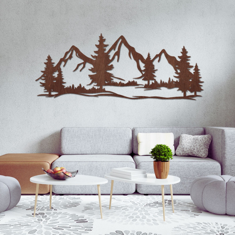 Decor de perete din lemn cu munți masivi și pădure - MAGNA