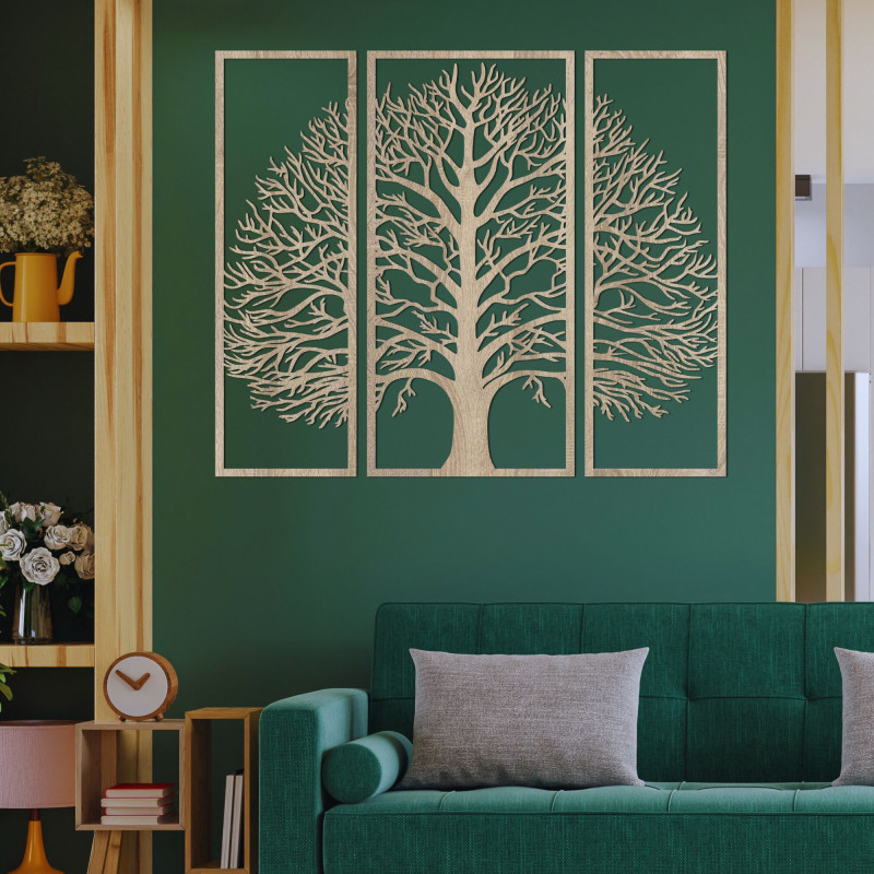 Decor de perete din lemn cu trei părți din copacul vieții - DIVISA