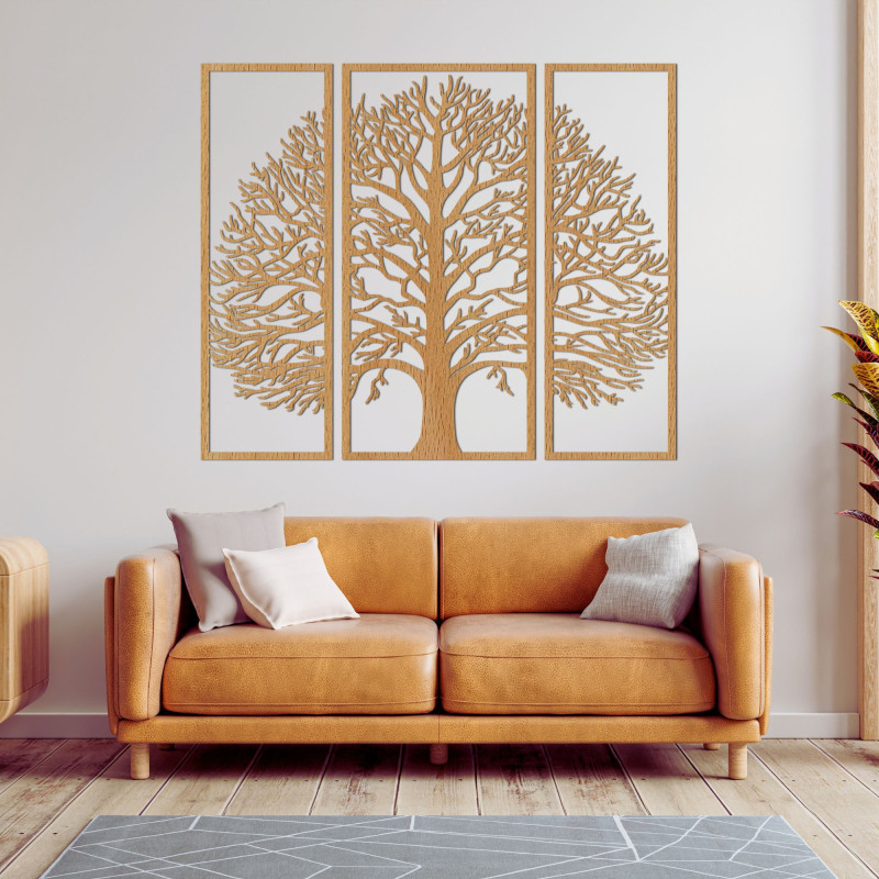 Decor de perete din lemn cu trei părți din copacul vieții - DIVISA
