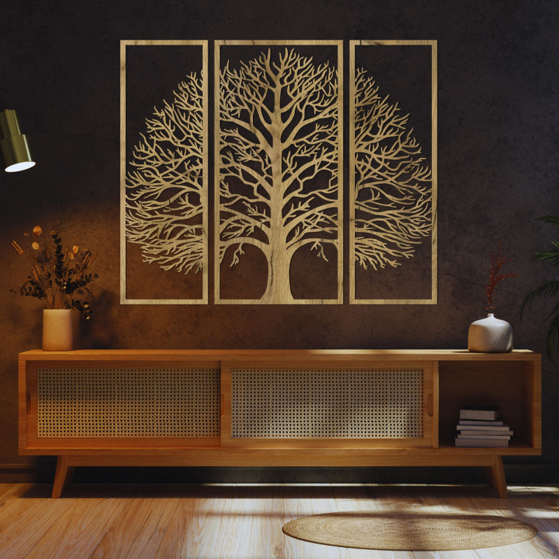 Decor de perete din lemn cu trei părți din copacul vieții - DIVISA