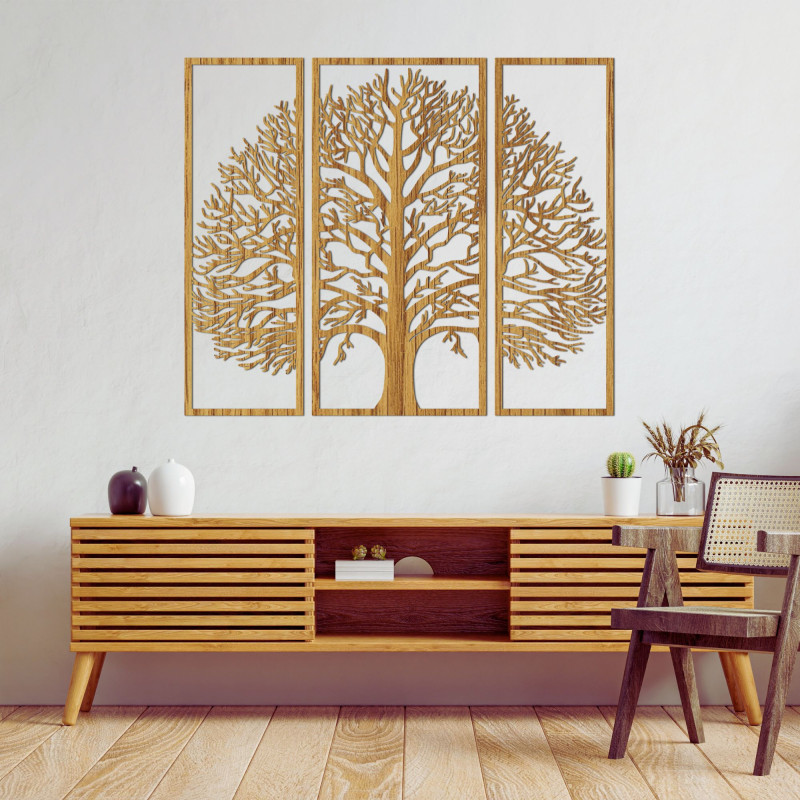 Decor de perete din lemn cu trei părți din copacul vieții - DIVISA