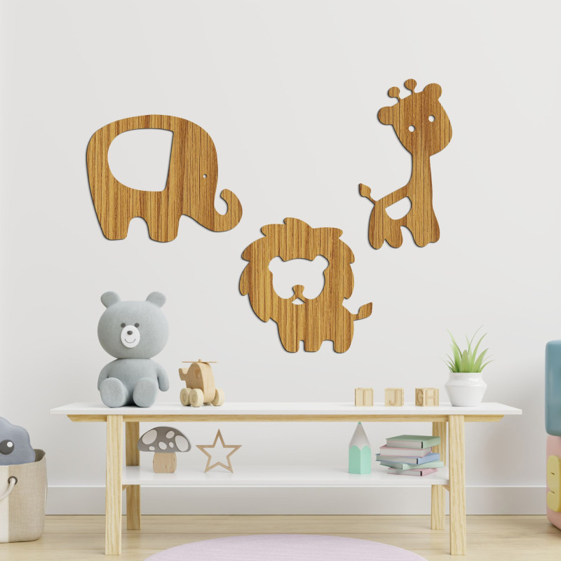 Decor din lemn elefant, leu, girafă - SAFARI