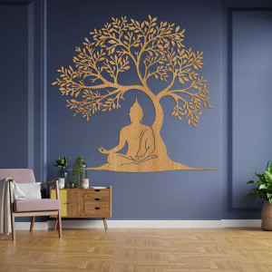 Imagine din lemn cu copacul vieții și Buddha - MOTERO