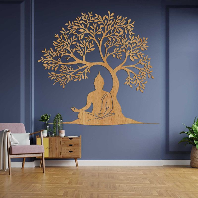 Imagine din lemn cu copacul vieții și Buddha - MOTERO