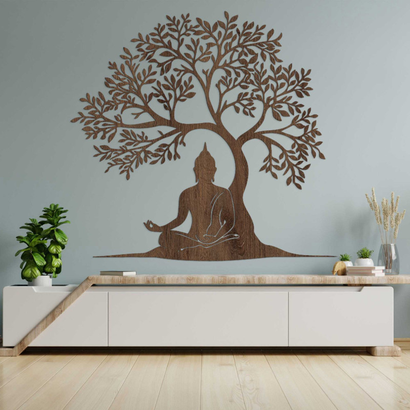 Imagine din lemn cu copacul vieții și Buddha - MOTERO