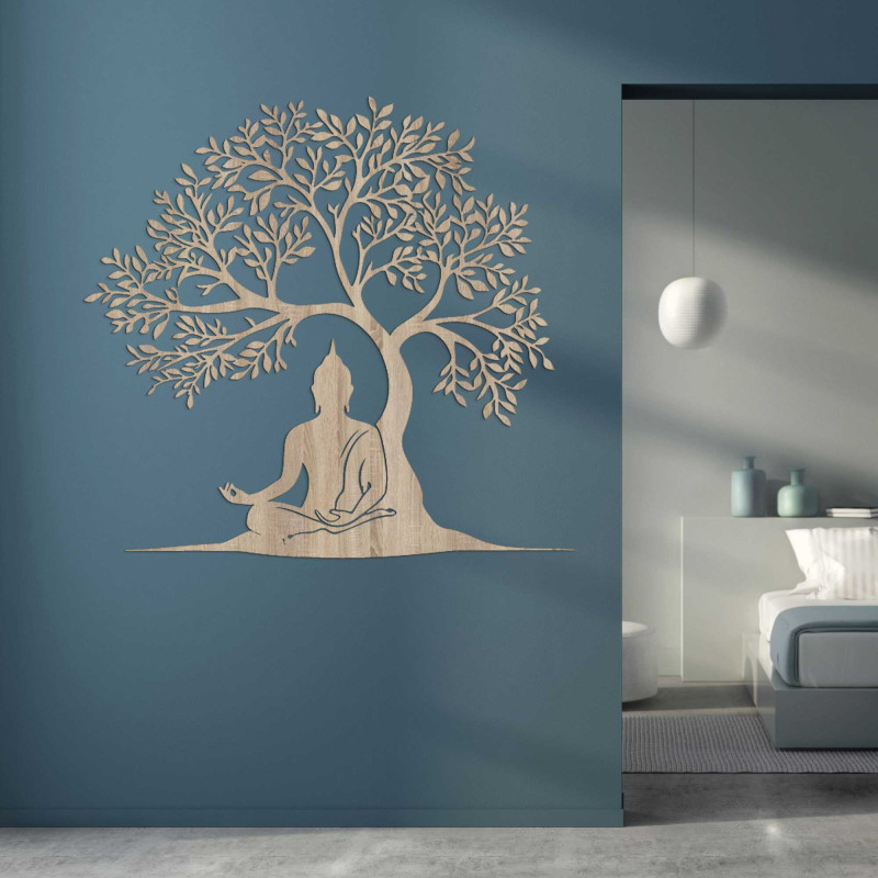 Imagine din lemn cu copacul vieții și Buddha - MOTERO
