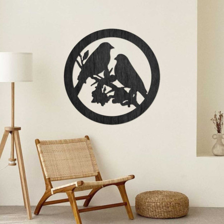 Pictură murală din lemn cu păsări pe o creangă Pictură murală din lemn cu păsări pe o creangă