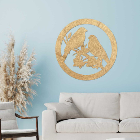 Pictură murală din lemn cu păsări pe o creangă Pictură murală din lemn cu păsări pe o creangă