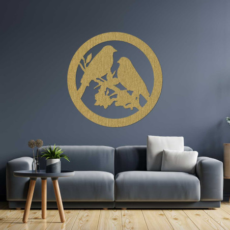 Pictură murală din lemn cu păsări pe o creangă Pictură murală din lemn cu păsări pe o creangă