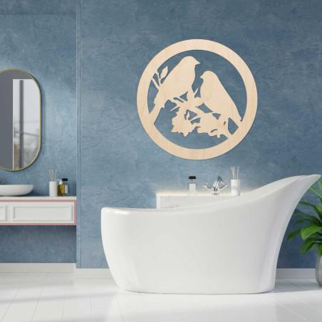 Pictură murală din lemn cu păsări pe o creangă Pictură murală din lemn cu păsări pe o creangă