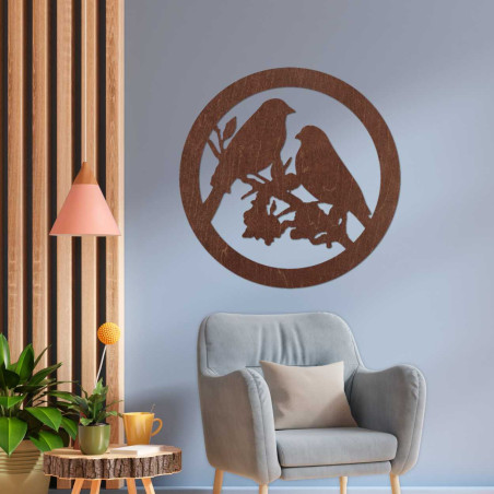 Pictură murală din lemn cu păsări pe o creangă Pictură murală din lemn cu păsări pe o creangă