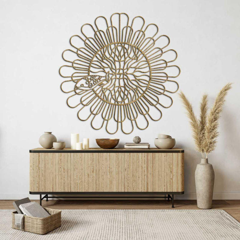 O decorațiune murală de mari dimensiuni, cu linii împletite și un stil natural.