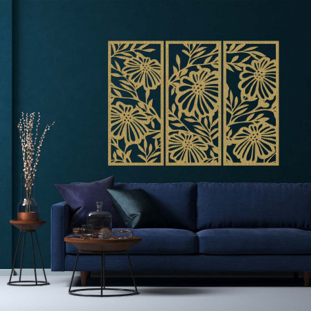 Pictură murală din lemn din trei piese cu motiv floral - AMFIL