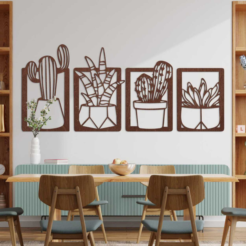 Patru panouri decorative din lemn cu motiv vegetal în stil minimalist