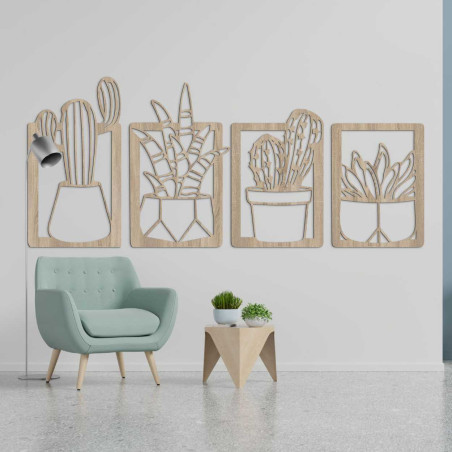 Patru panouri decorative din lemn cu motiv vegetal în stil minimalist Patru panouri decorative din lemn cu motiv vegetal în stil minimalist