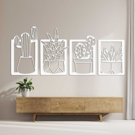 Pictură elegantă pe lemn natural cu un model de suculente și cactuși Pictură elegantă pe lemn natural cu un model de suculente și cactuși