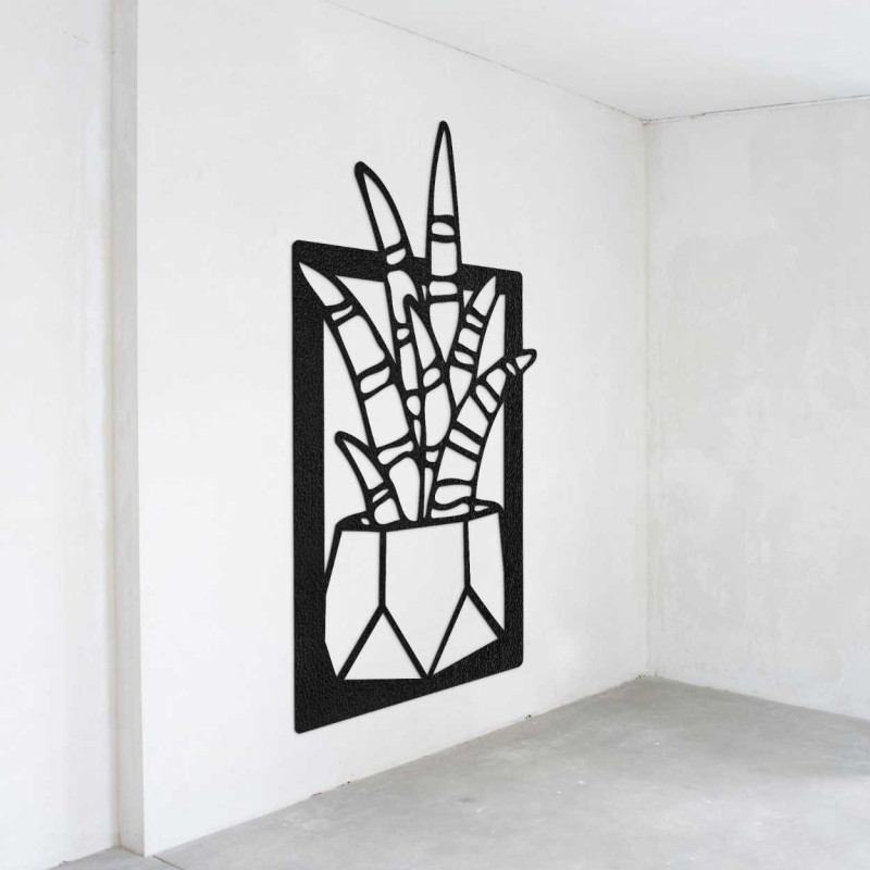 Decorațiune murală din lemn cu motiv de plante naturale și ghivece de flori