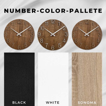 Ceas din lemn sculptat, cu cadran simplu și design minimalist.