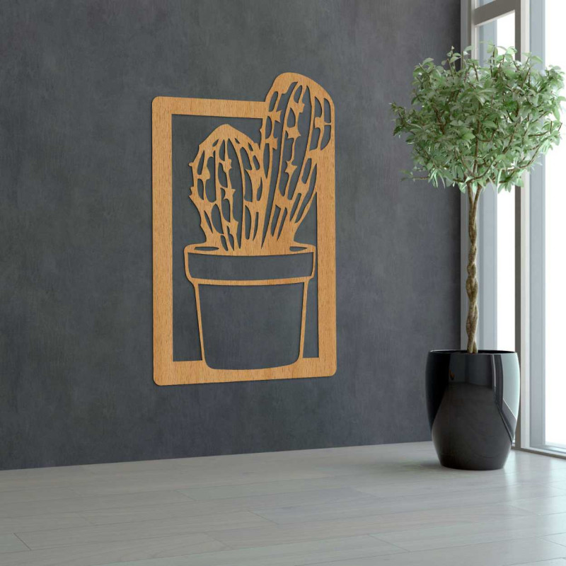 Tablou sculptat din lemn cu motiv de cactus, potrivit pentru sufragerie sau bucătărie.