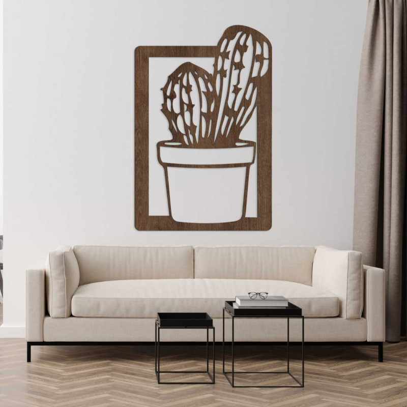 Decorațiune murală modernă din lemn, cu un design elegant de cactus.