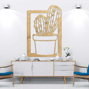 Decorațiune murală modernă pentru living, cu ramă din lemn și motiv natural de cactus.