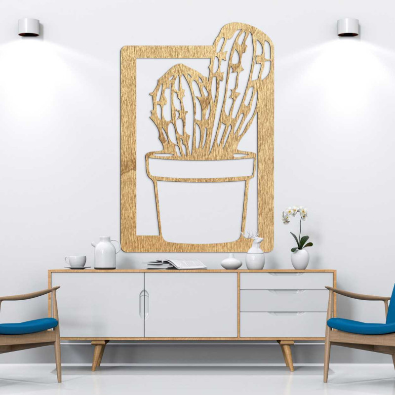 Decorațiune murală modernă pentru living, cu ramă din lemn și motiv natural de cactus.