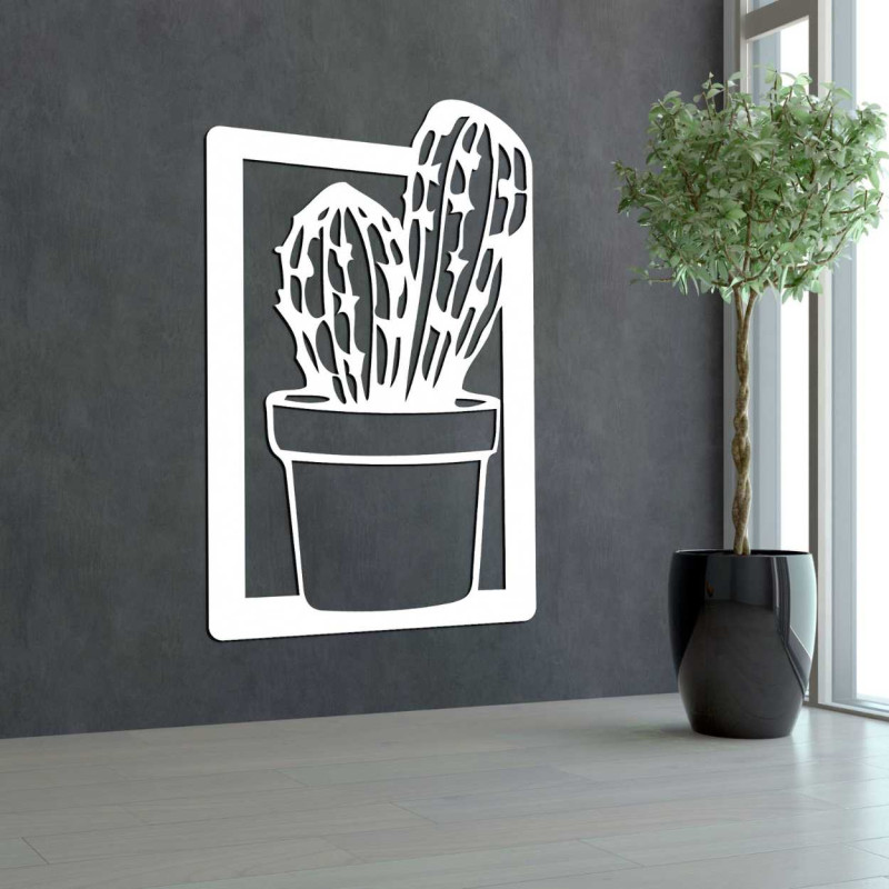 Pictură murală mare din lemn cu motiv sculptat al unui cactus într-un ghiveci de flori.