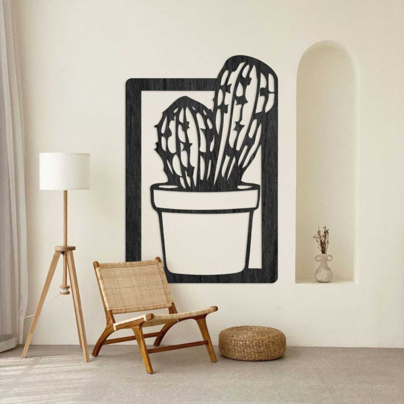 Decorațiune murală elegantă din lemn, cu un design minimalist de cactus.