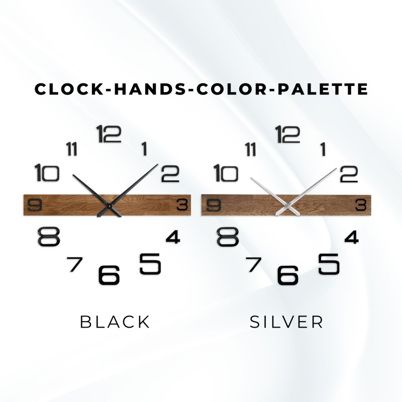 Ceas de perete din lemn de design, cu ace închise la culoare și cifre mari separate.