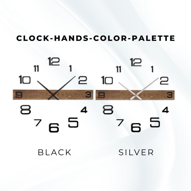 Ceas de perete mare din lemn, cu ace negre distinctive și cifre separate.