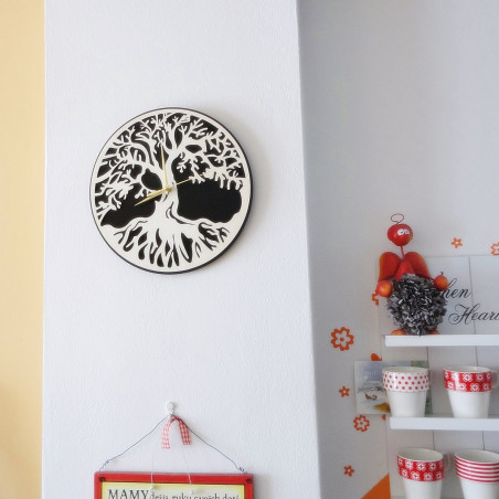 Ceas de perete copac al vieții material placaj plop și MDF negru Ceas de perete copac al vieții material placaj plop și MDF negru